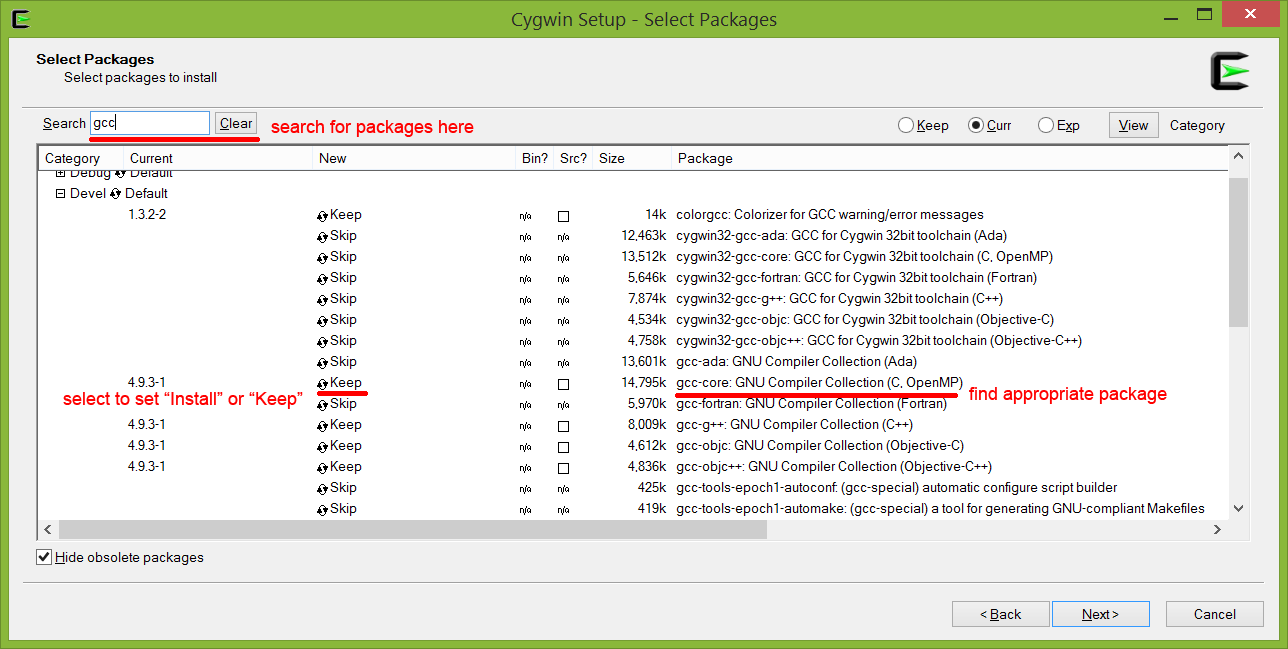 Options during installation of Cygwin
